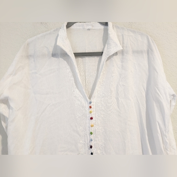 White Sheer Silky Embroidered Rainbow Pom Pom Buttoned V-Neck Tunic Blouse - Picture 4 of 9